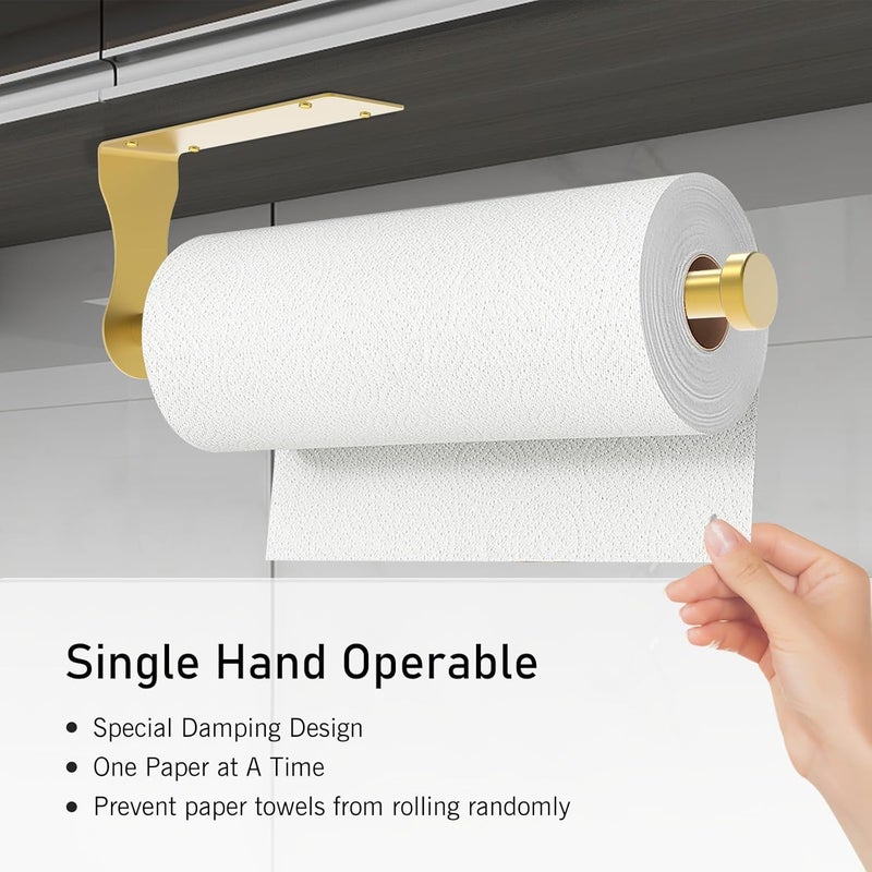 SetSail Paper Towel Holder, Single Hand Operable Paper Towel Holder Under Cabinet with Adjustable Damper Easy Tear Wall Mount Self-Adhesive or Drilled for Kitchen Bathroom, Gold - Image 3